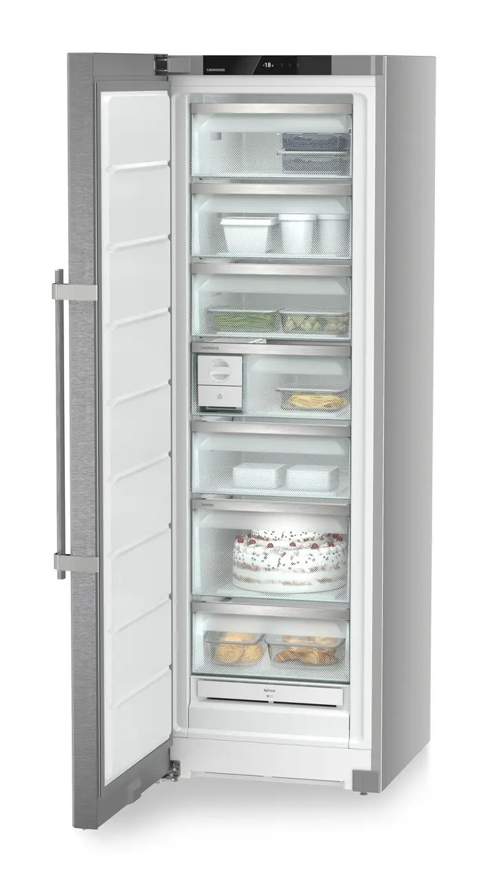 Product image, Perspective: oblique open decorated, Freestanding freezer with NoFrost and EasyTwist-Ice, Casing colour: silver, Door colour: stainless steel