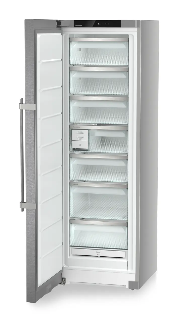 Product image, Perspective: oblique open empty, Freestanding freezer with NoFrost and EasyTwist-Ice, Casing colour: silver, Door colour: stainless steel