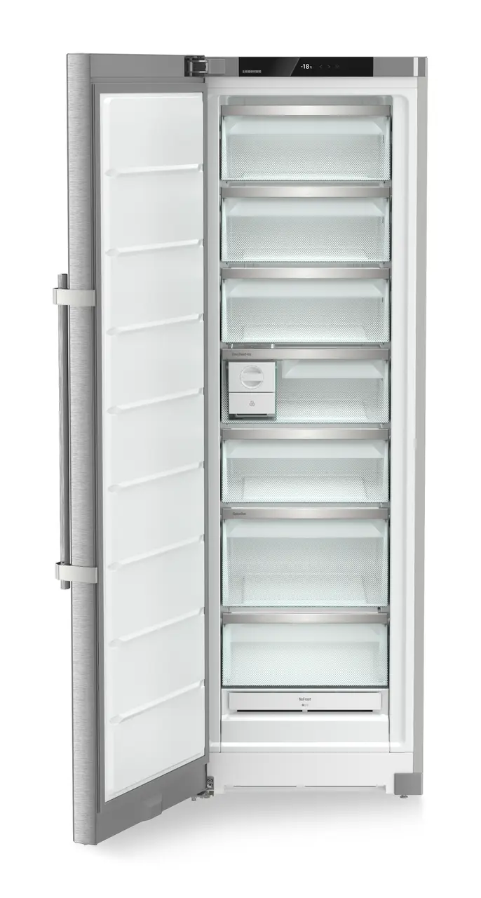 Product image, Perspective: straight open empty, Freestanding freezer with NoFrost and EasyTwist-Ice, Casing colour: silver, Door colour: stainless steel