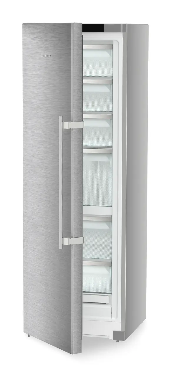 Product image, Perspective: oblique half-open empty, Freestanding freezer with NoFrost and IceTower, Casing colour: silver, Door colour: stainless steel