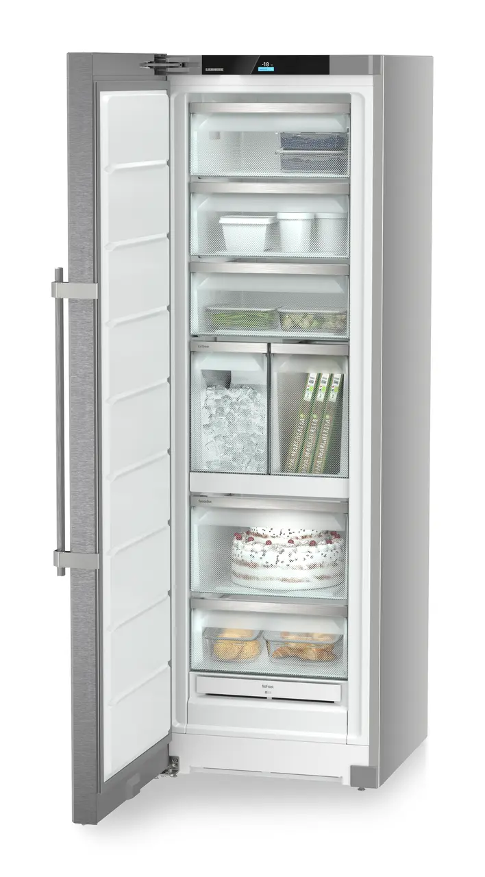 Product image, Perspective: oblique open decorated, Freestanding freezer with NoFrost and IceTower, Casing colour: silver, Door colour: stainless steel