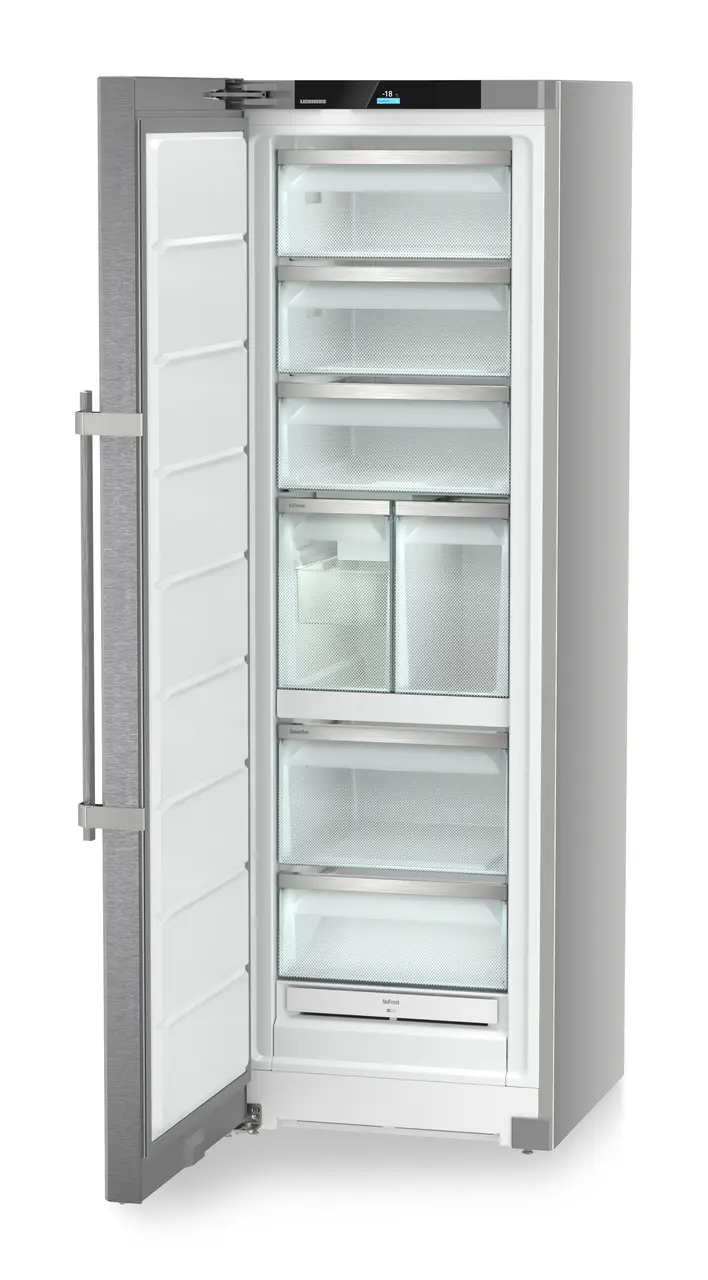 Product image, Perspective: oblique open empty, Freestanding freezer with NoFrost and IceTower, Casing colour: silver, Door colour: stainless steel