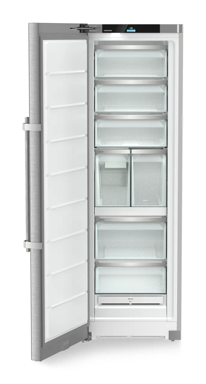 Product image, Perspective: straight open empty, Freestanding freezer with NoFrost and IceTower, Casing colour: silver, Door colour: stainless steel