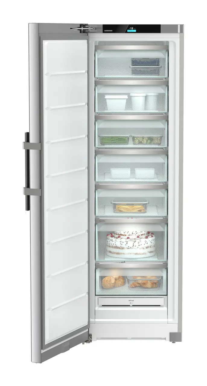 Produktbild, Perspektiv: Framifrån, öppen, fylld, Fristående frysskåp med NoFrost