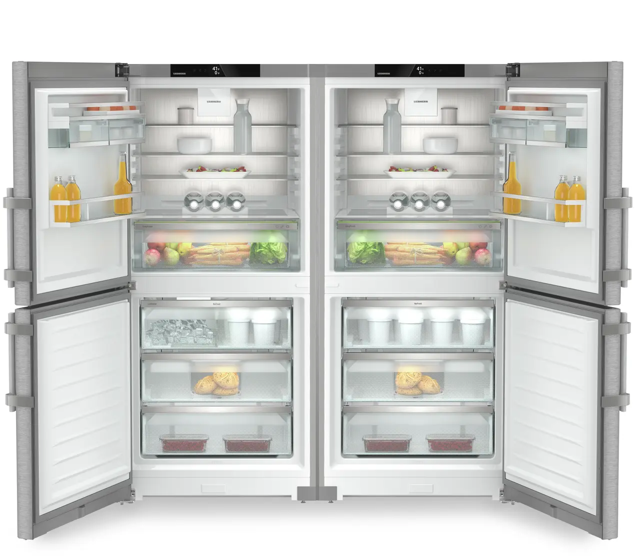 Product image, Perspective: straight open decorated, Side-by-Side combination, Casing colour: silver, Door colour: stainless steel