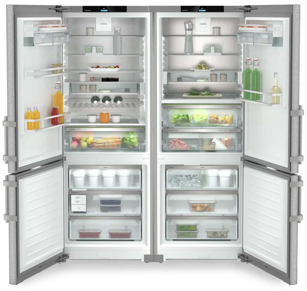 Product image, Perspective: straight open decorated, Side-by-Side combination, Casing colour: silver, Door colour: stainless steel