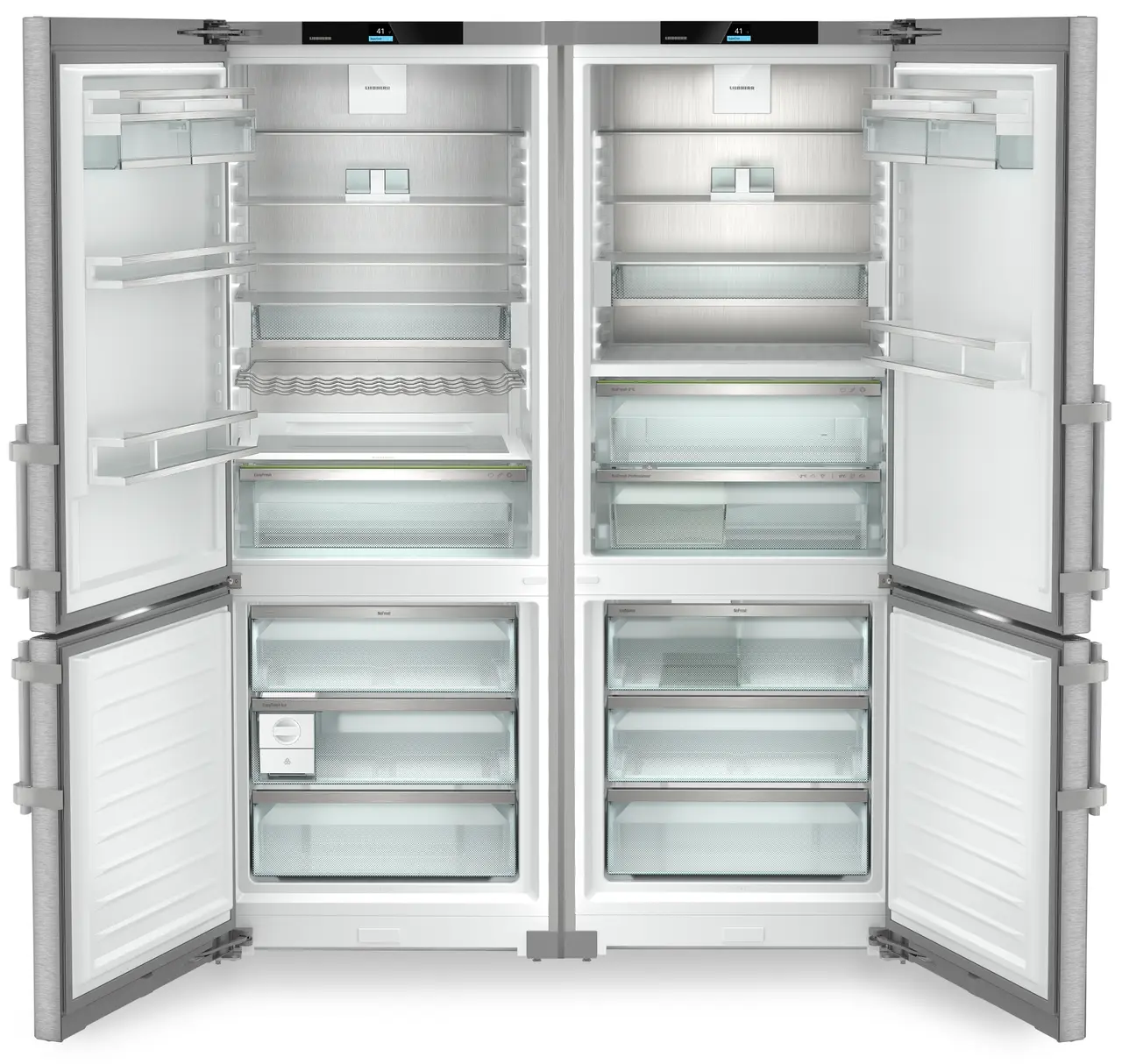 Product image, Perspective: straight open empty, Side-by-Side combination, Casing colour: silver, Door colour: stainless steel