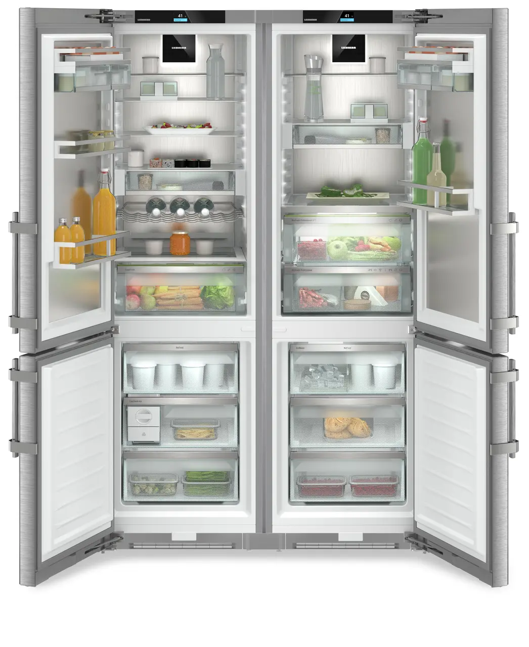 Product image, Perspective: straight open decorated, Side-by-Side combination, Casing colour: stainless steel, Door colour: stainless steel
