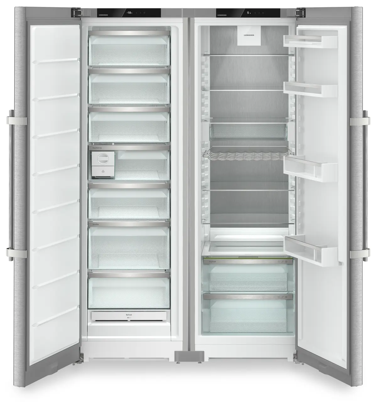Product image, Perspective: straight open empty, Side-by-Side combination, Casing colour: silver, Door colour: stainless steel