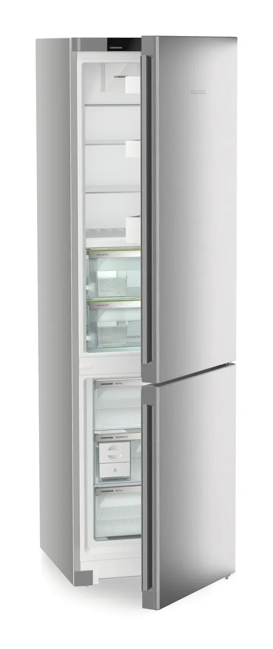 Product image, Perspective: oblique half-open empty, Fridge-freezer with BioFresh and NoFrost, Casing colour: silver, Door colour: Steelfinish