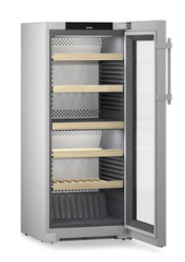 Изображение на продукта, Перспектива: Странично, отворен, празен, Мултитемпературен охладител за вино, Цвят на корпуса: фино сребро, Цвят на вратата: благородна стомана