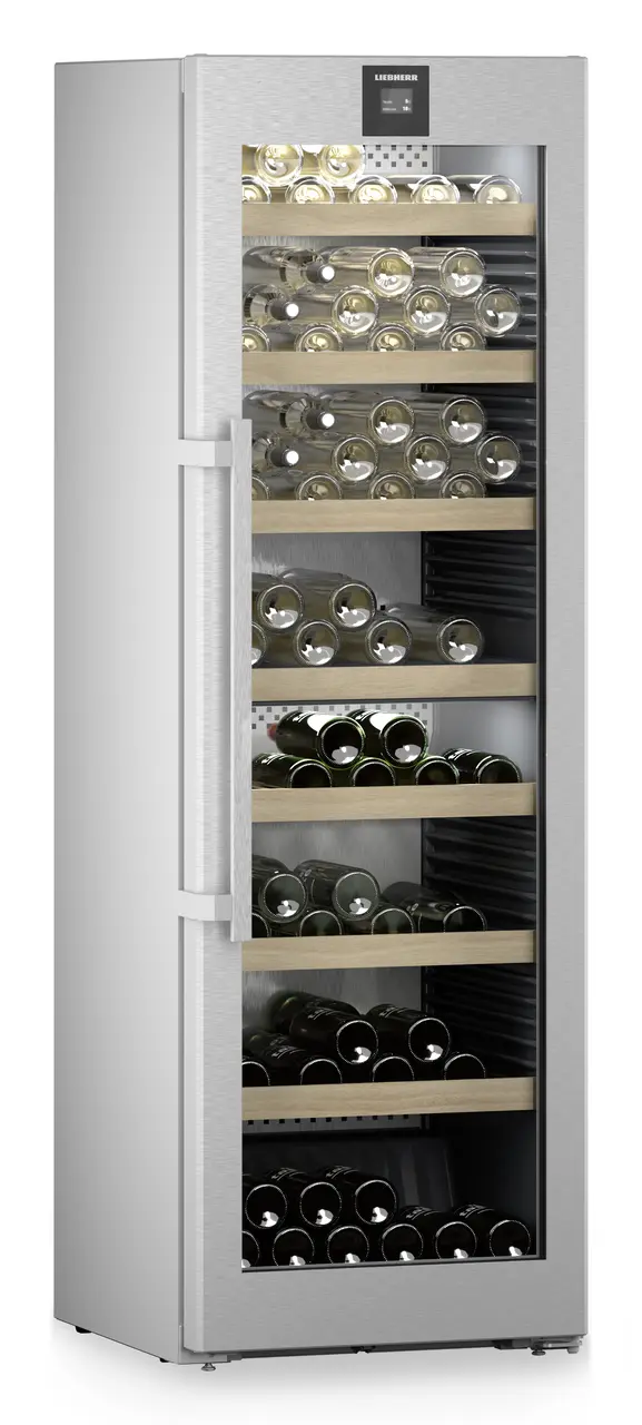Product image, Perspective: oblique closed decorated, Multi-temperature wine cabinet, Casing colour: silver, Door colour: stainless steel