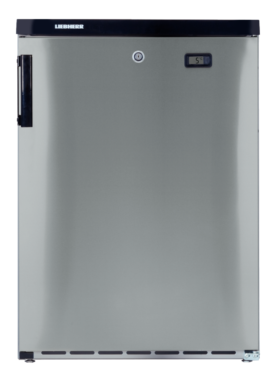 Produkt-Bild, Perspektive: gerade geschlossen, Unterbaufähiges Kühlgerät mit Umluftkühlung, Gehäusefarbe: Weiß, Türfarbe: Edelstahl