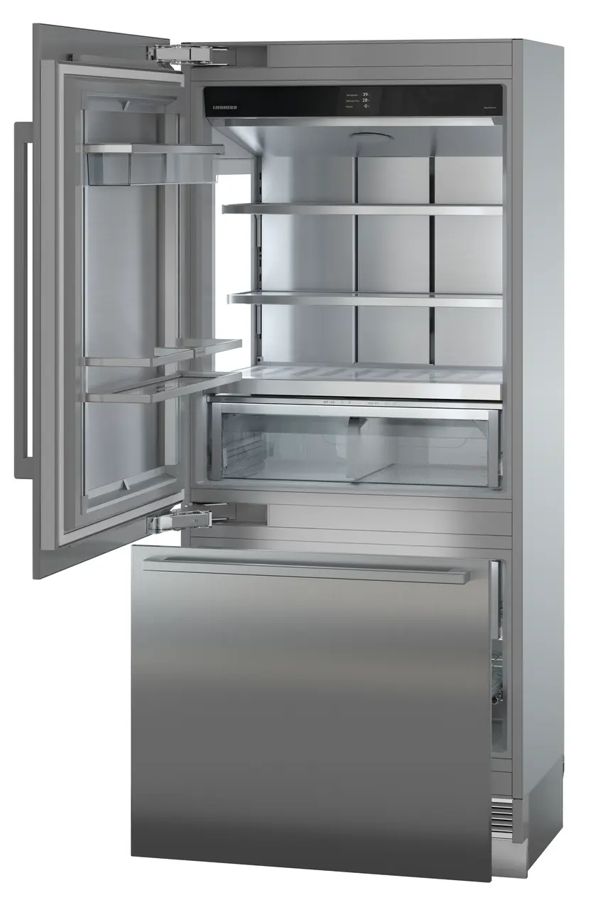 Product image, Perspective: oblique open empty, Combined refrigerator-freezer with BioFresh and NoFrost for integrated use