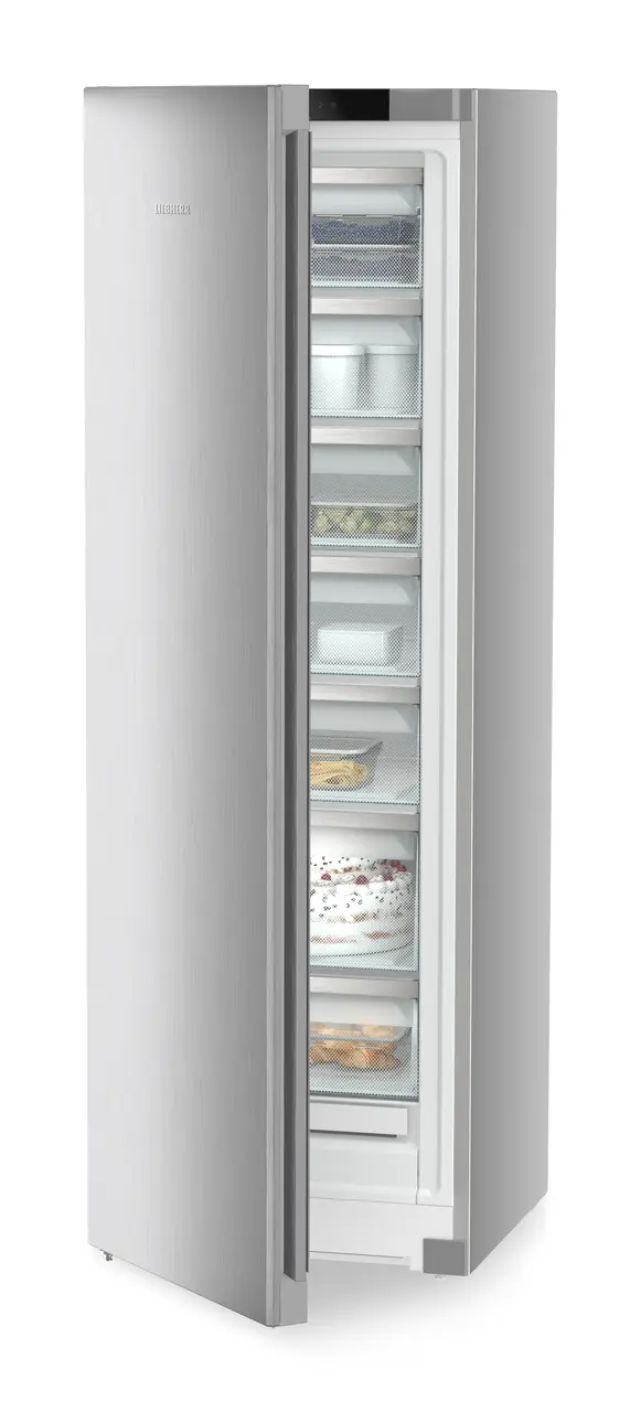 Produktbillede, Perspektiv: Skrå halvåben udsmykket, Fritstående fryser med NoFrost, Dørfarve: Steel finish