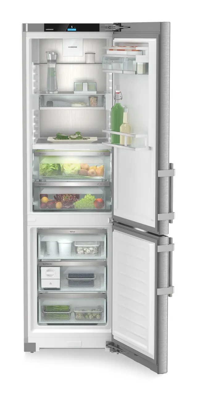 Product image, Perspective: straight open decorated, Fridge-freezer with BioFresh and NoFrost, Casing colour: silver, Door colour: stainless steel