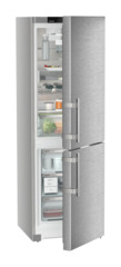 Product image, Perspective: oblique half-open decorated, Combined fridge-freezers with EasyFresh and NoFrost, Casing colour: silver, Door colour: stainless steel