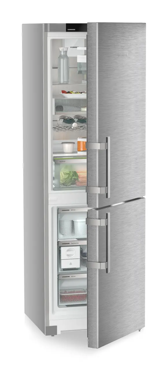 Product image, Perspective: oblique half-open decorated, Combined fridge-freezers with EasyFresh and NoFrost, Casing colour: silver, Door colour: stainless steel