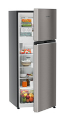 Product image, Perspective: oblique half-open decorated, Fridge-freezer with NoFrost, Casing colour: grey, Door colour: Grey Steel