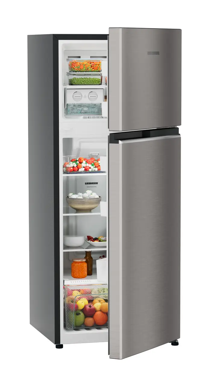 Product image, Perspective: oblique half-open decorated, Fridge-freezer with NoFrost, Casing colour: grey, Door colour: Grey Steel