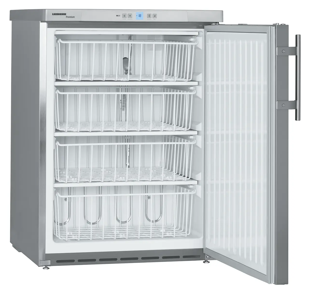 Изображение на продукта, Перспектива: Странично, отворен, празен, Фризер за вграждане под плот със статично охлаждане, Цвят на корпуса: благородна стомана, Цвят на вратата: благородна стомана