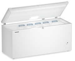 Produkt-Bild, Perspektive: schräg offen leer, Gefriertruhe, Gehäusefarbe: Weiß, Türfarbe: Weiß
