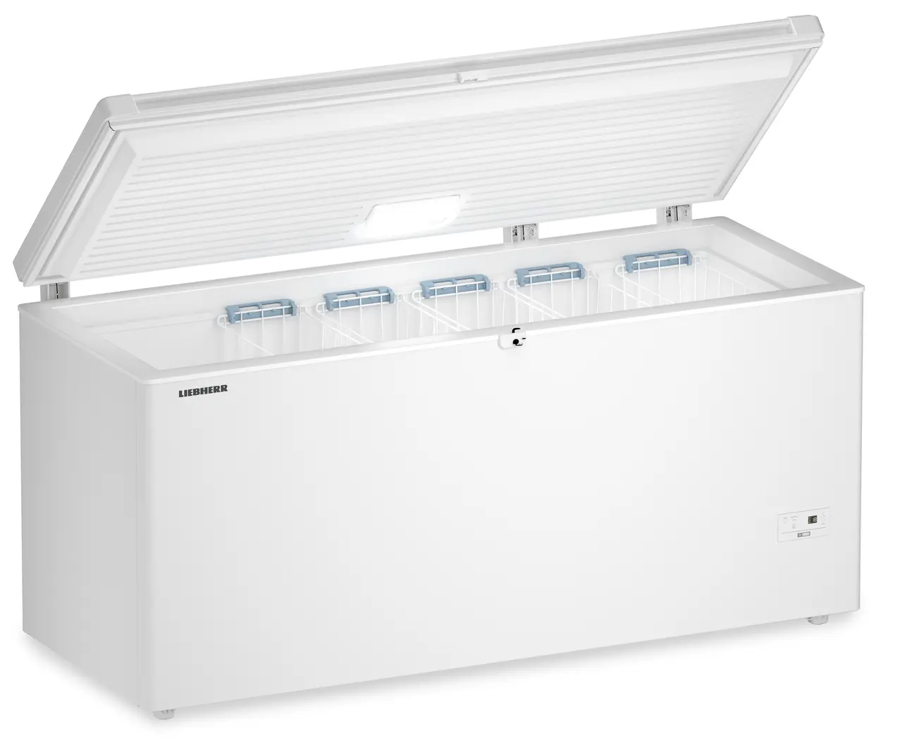 Produkt-Bild, Perspektive: schräg offen leer, Gefriertruhe, Gehäusefarbe: Weiß, Türfarbe: Weiß