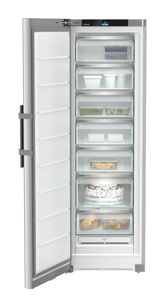 Produktbild, Perspektiv: Framifrån, öppen, fylld, Fristående frysskåp med NoFrost