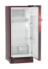 Product image, Perspective: oblique open empty, Single-door refrigerator 202 l in 5 star with inverter compressor, Casing colour: red, Door colour: Red Mystiq
