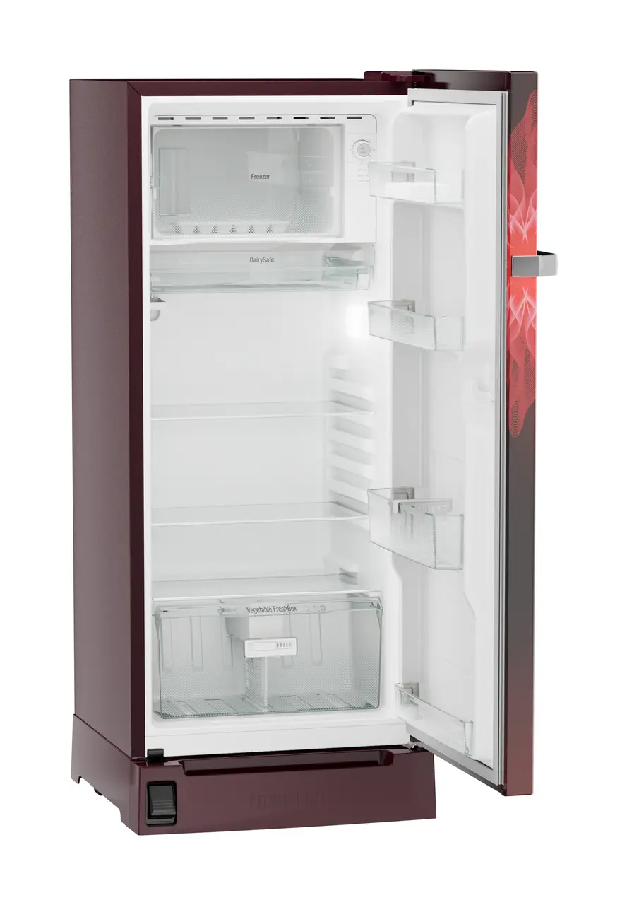 Product image, Perspective: oblique open empty, Single-door refrigerator 202 l in 5 star with inverter compressor, Casing colour: red, Door colour: Red Mystiq