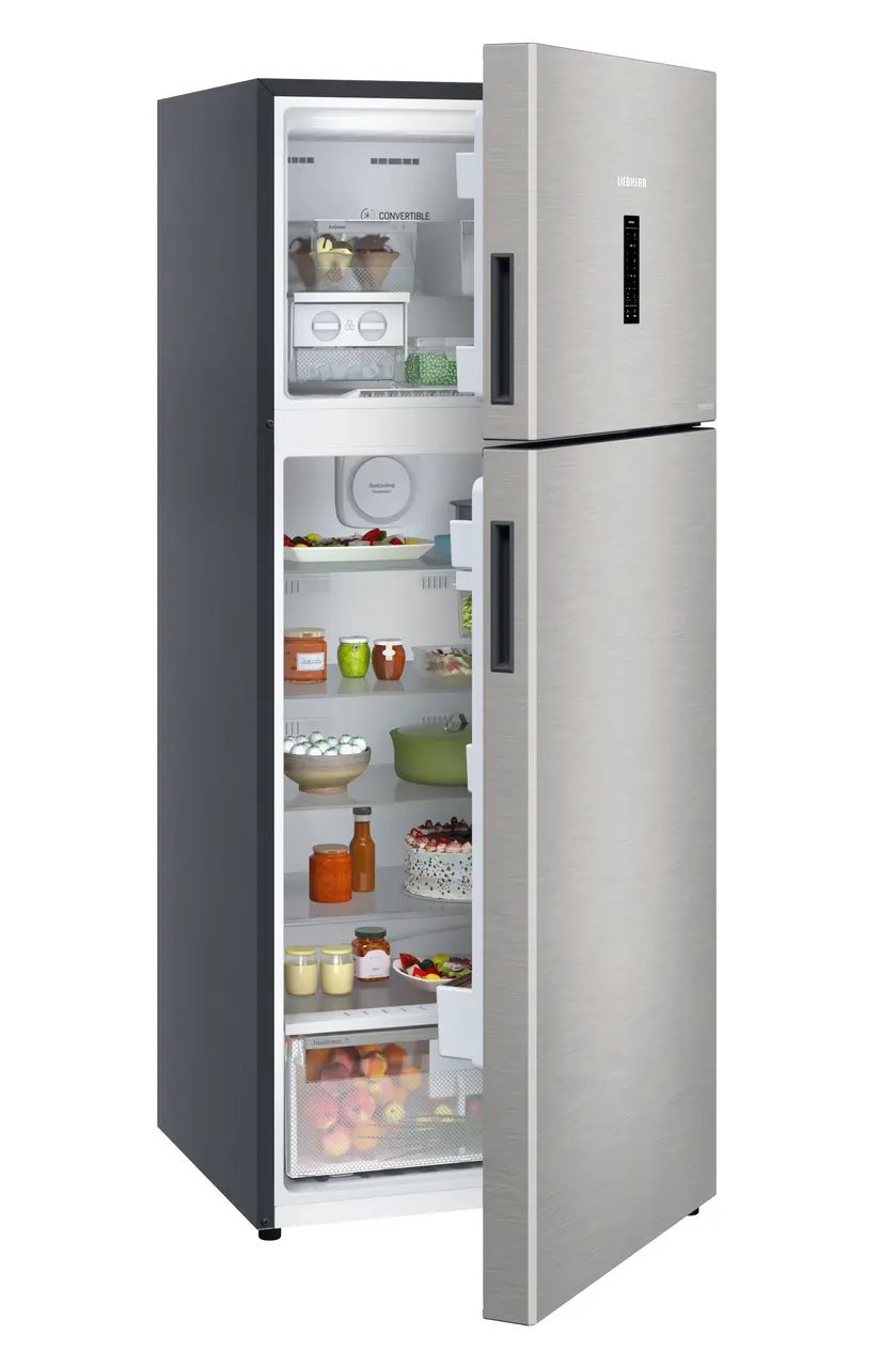 Product image, Perspective: oblique half-open decorated, Fridge-freezer with NoFrost, Casing colour: grey, Door colour: Stainless Steel