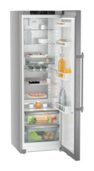 Product image, Perspective: oblique open decorated, Freestanding fridge with EasyFresh, Casing colour: silver, Door colour: stainless steel