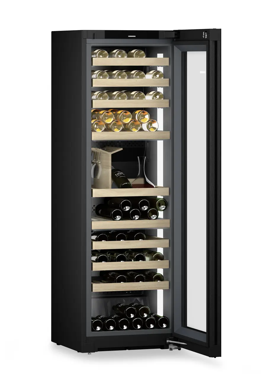 Product image, Perspective: oblique open decorated, Multi-temperature wine cabinet, Casing colour: BlackSteel, Door colour: GlassBlack
