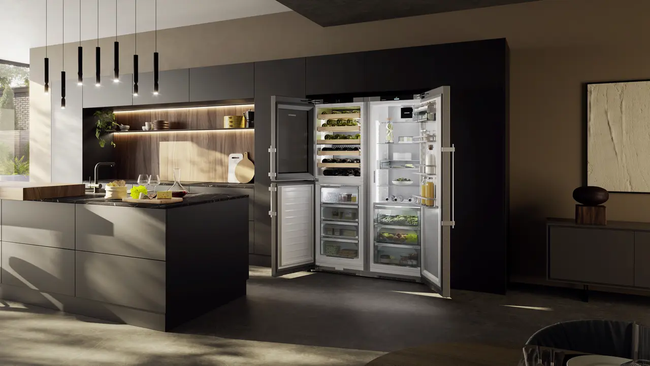 Image de produit, Perspective: Environnement, Combinaison côte à côte avec compartiment de mise en température du vin, Couleur de l’habillage: acier inox, Couleur de porte: acier inox