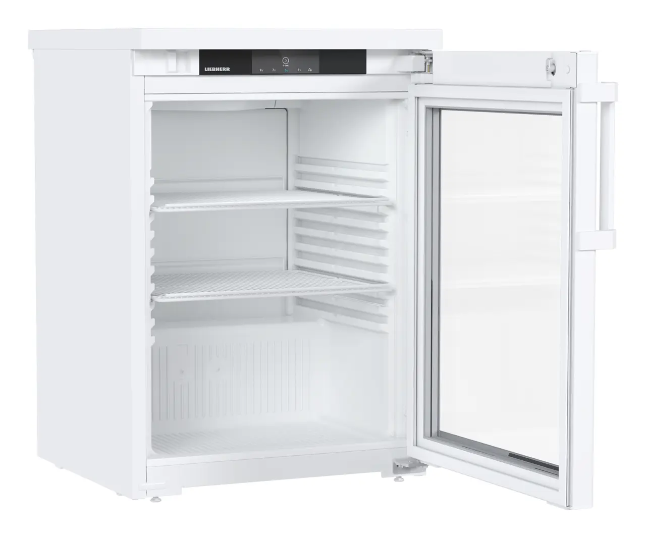 Obraz produktu, Perspektywa: Pod kątem, otwarte, puste, Chłodziarka do zabudowy pod blat z chłodzeniem powietrzem obiegowym, Kolor obudowy: Biała, Kolor drzwi: Biała