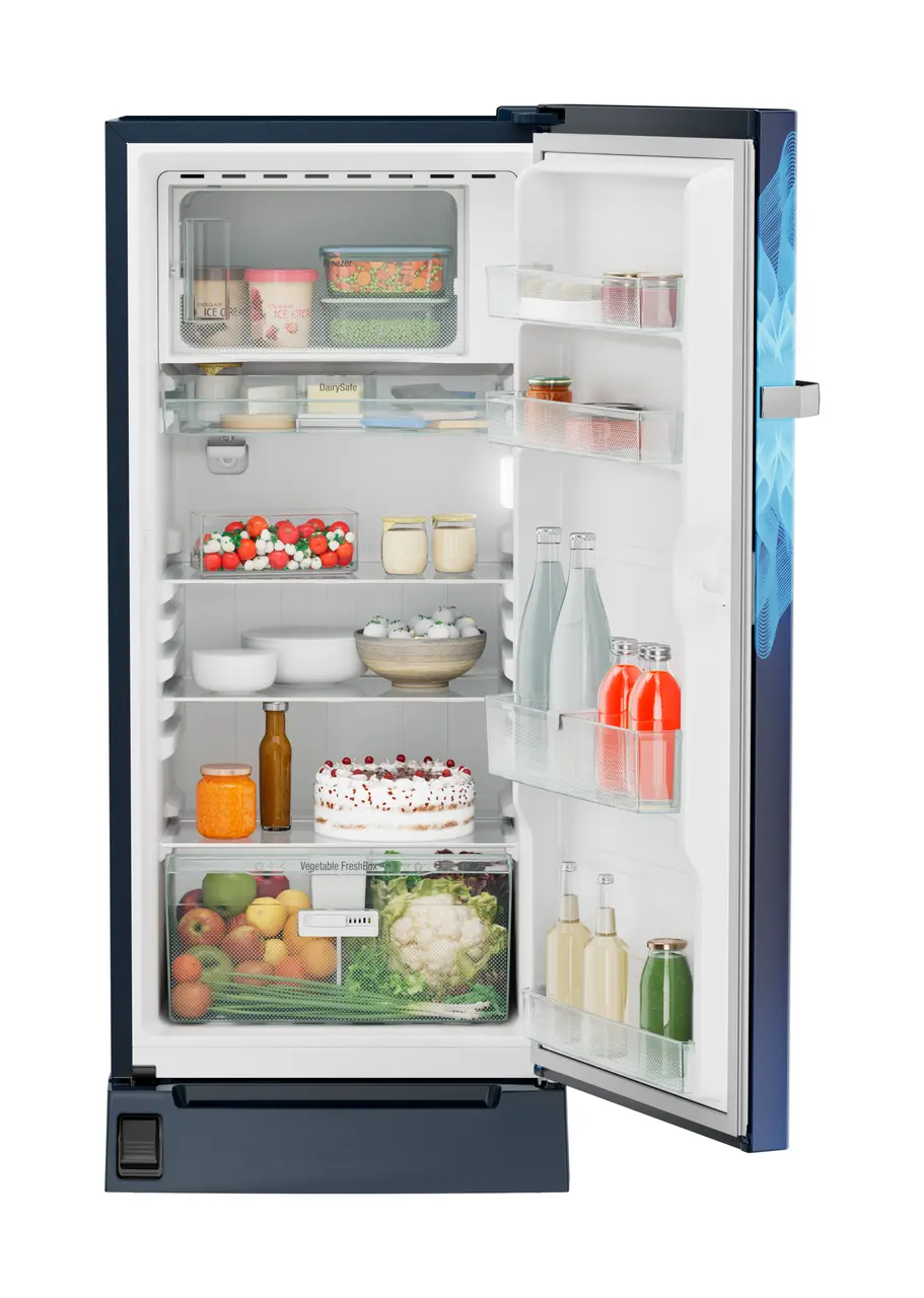 Product image, Perspective: straight open decorated, Single-door refrigerator 191 l with foot pedal base drawer and iCoolTouch UI, Casing colour: blue, Door colour: Blue Mystiq