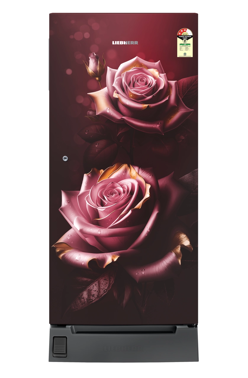 Product image, Perspective: straight closed, Single-door refrigerator 191 l in 3 star with foot pedal base drawer, Casing colour: red, Door colour: Red Rosette