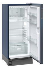 Product image, Perspective: oblique open empty, Single-door fridge, 191 l in 2 star with foot pedal base drawer, Casing colour: blue, Door colour: Blue Wonder