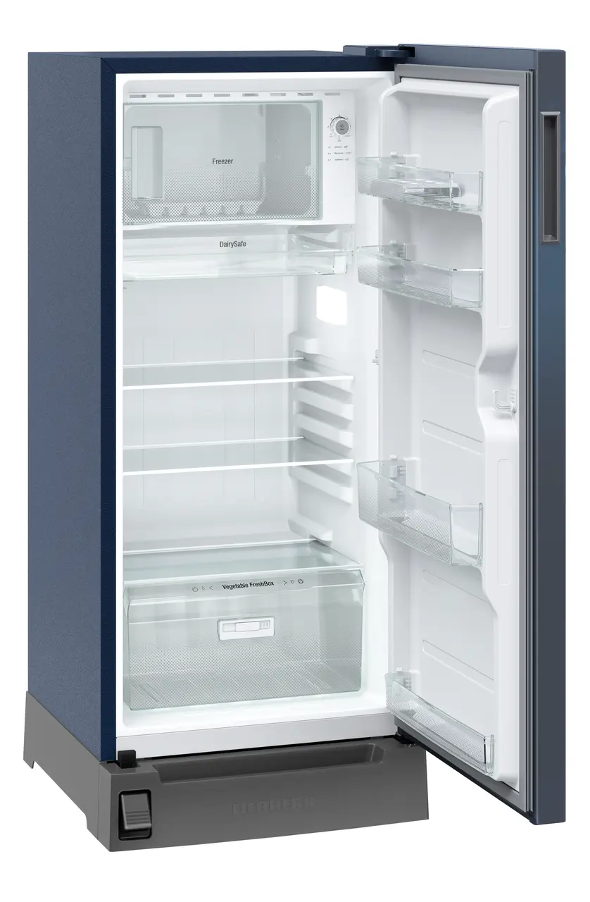 Product image, Perspective: oblique open empty, Single-door fridge, 191 l in 2 star with foot pedal base drawer, Casing colour: blue, Door colour: Blue Wonder