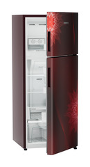 Product image, Perspective: oblique half-open empty, Fridge-freezer with NoFrost, Casing colour: red, Door colour: Red Mystiq