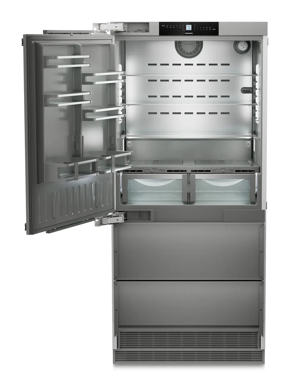 Product image, Perspective: straight open empty, Combined refrigerator-freezer with BioFresh and NoFrost for integrated use, Casing colour: Anthracite