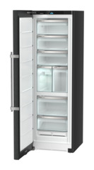 Produkt-Bild, Perspektive: schräg offen leer, Standgefrierschrank mit NoFrost, Gehäusefarbe: BlackSteel, Türfarbe: BlackSteel