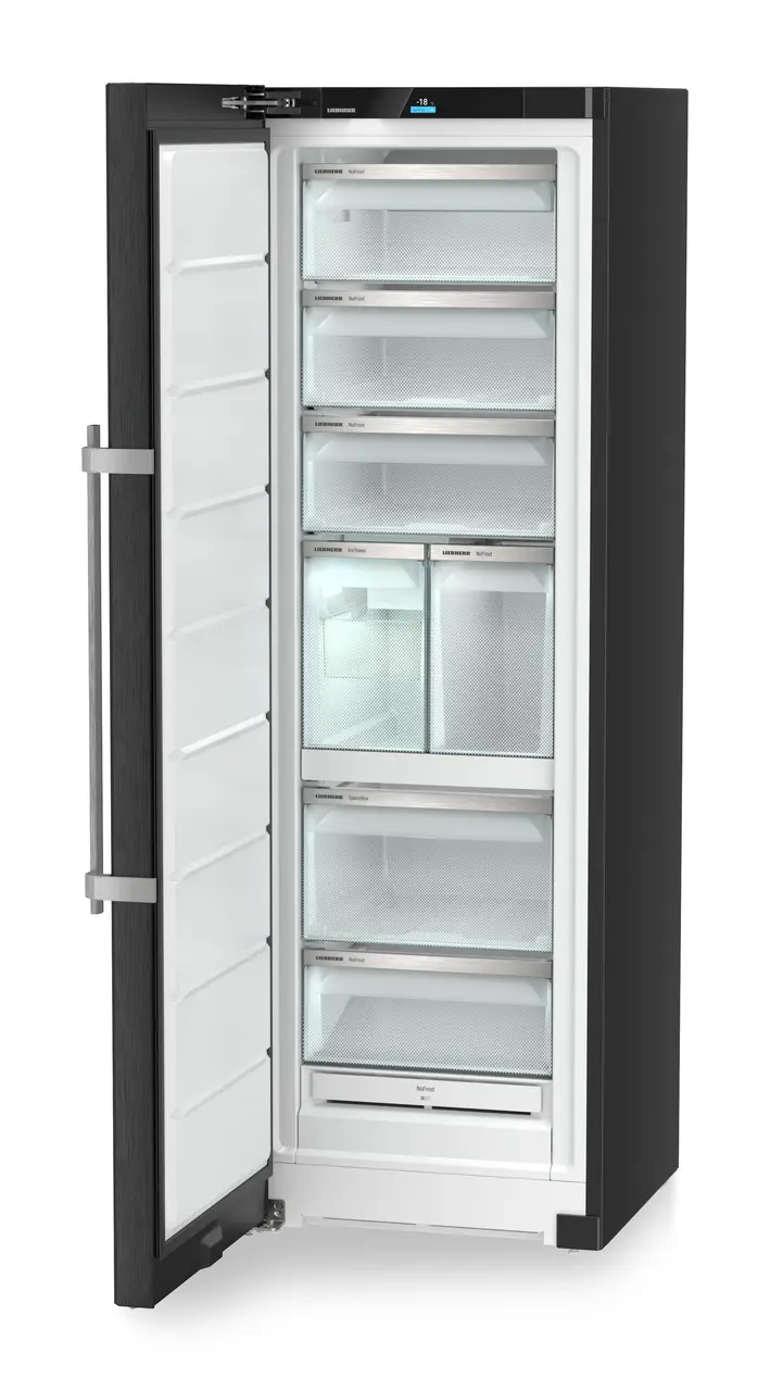 Produkt-Bild, Perspektive: schräg offen leer, Standgefrierschrank mit NoFrost, Gehäusefarbe: BlackSteel, Türfarbe: BlackSteel