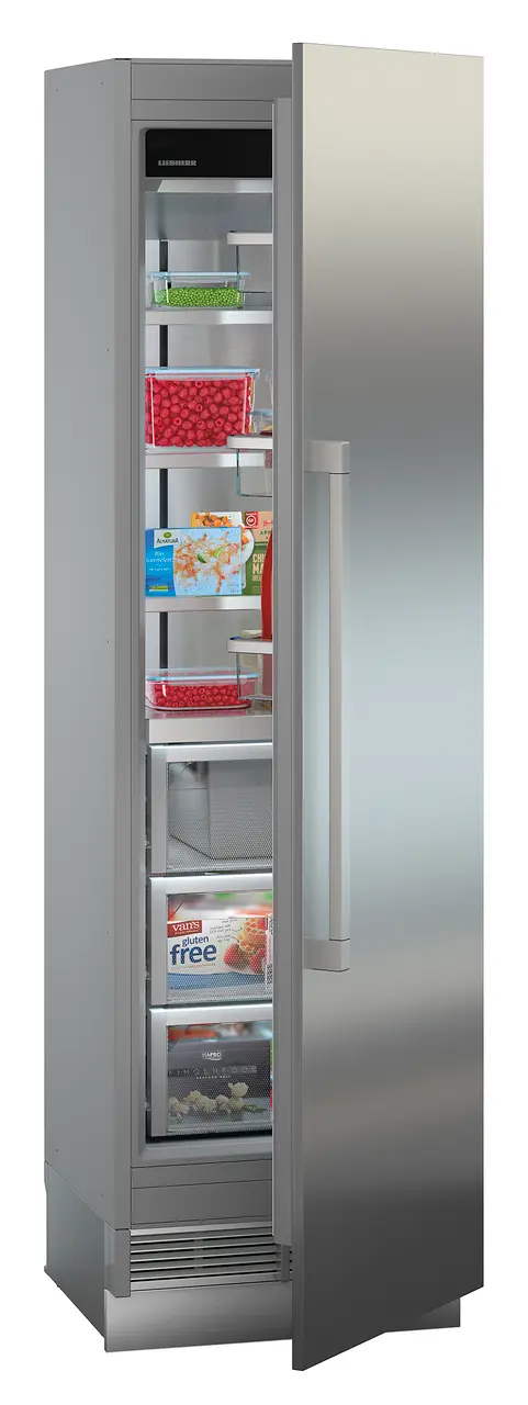 Produkt-Bild, Perspektive: schräg halb offen dekoriert, Integrierbarer Gefrierschrank mit NoFrost, Gehäusefarbe: Grau