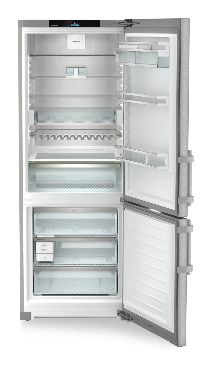 Product image, Perspective: straight open empty, Combined fridge-freezers with EasyFresh and NoFrost, Casing colour: silver, Door colour: stainless steel
