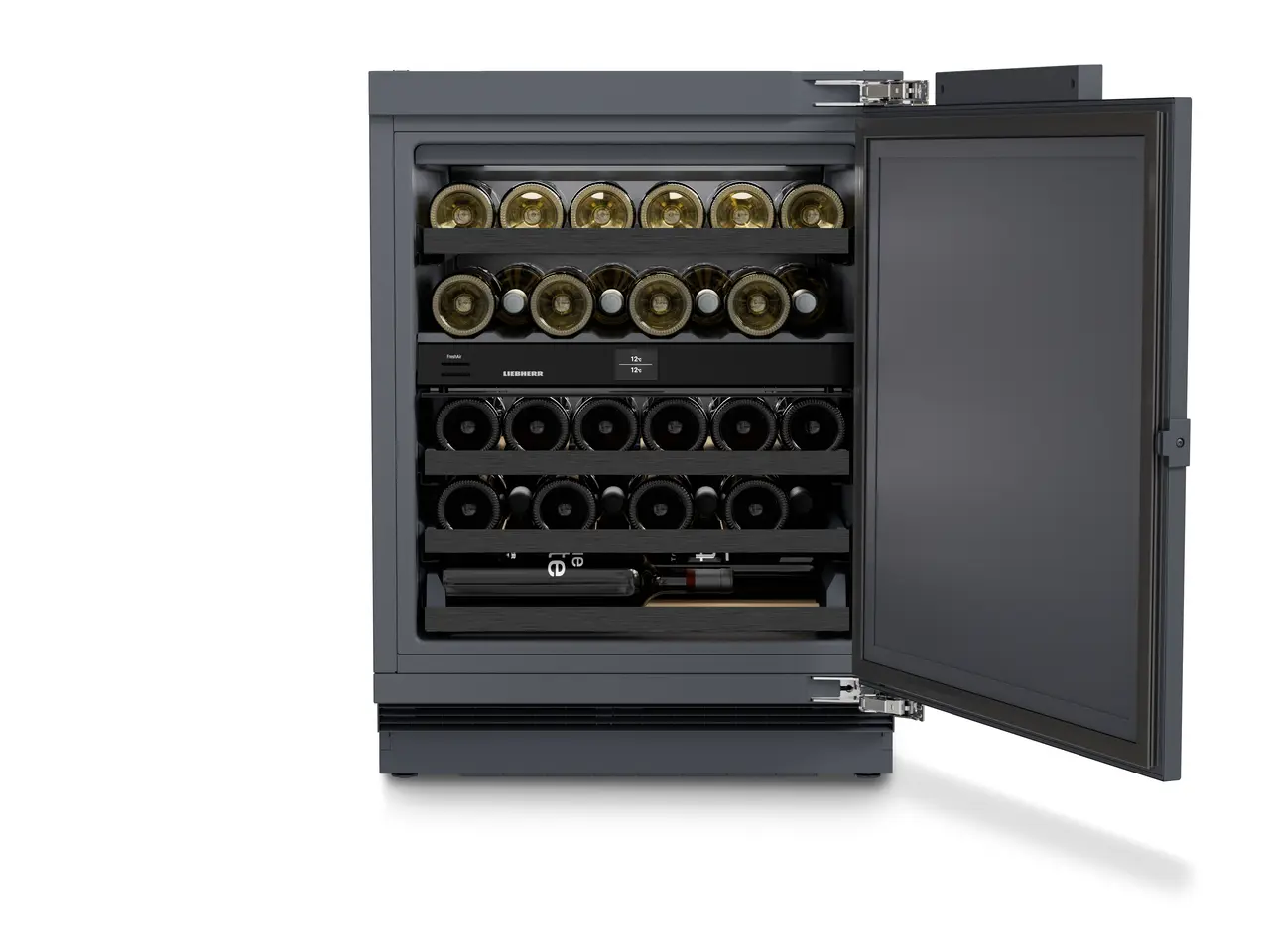 Termékkép, Perspektíva: Egyenes nyitott díszített, Borhűtőszekrény, amely alkalmas pult alá történő beépítésre a borok temperálásához, Készülékház színe: Antracit, Ajtó színe: Antracit