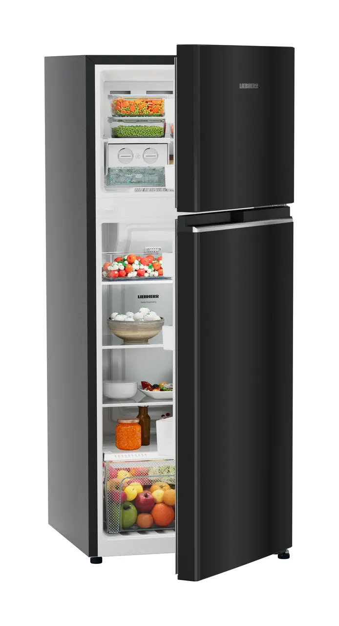 Product image, Perspective: oblique half-open decorated, Fridge-freezer with NoFrost, Casing colour: grey, Door colour: Black Gloss