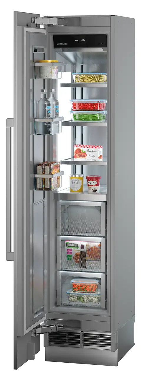 Product image, Perspective: oblique open decorated, Freezer for integrated use with NoFrost, Casing colour: grey