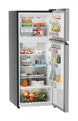 Product image, Perspective: oblique open decorated, Fridge-freezer with NoFrost, Casing colour: grey, Door colour: Grey Steel