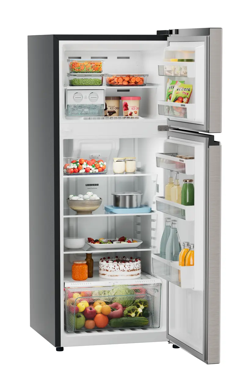 Product image, Perspective: oblique open decorated, Fridge-freezer with NoFrost, Casing colour: grey, Door colour: Grey Steel